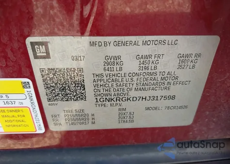 2017 Chevrolet Traverse 1Lt z USA, uszkodzony, nr VIN 1GNKRGKD7HJ317598